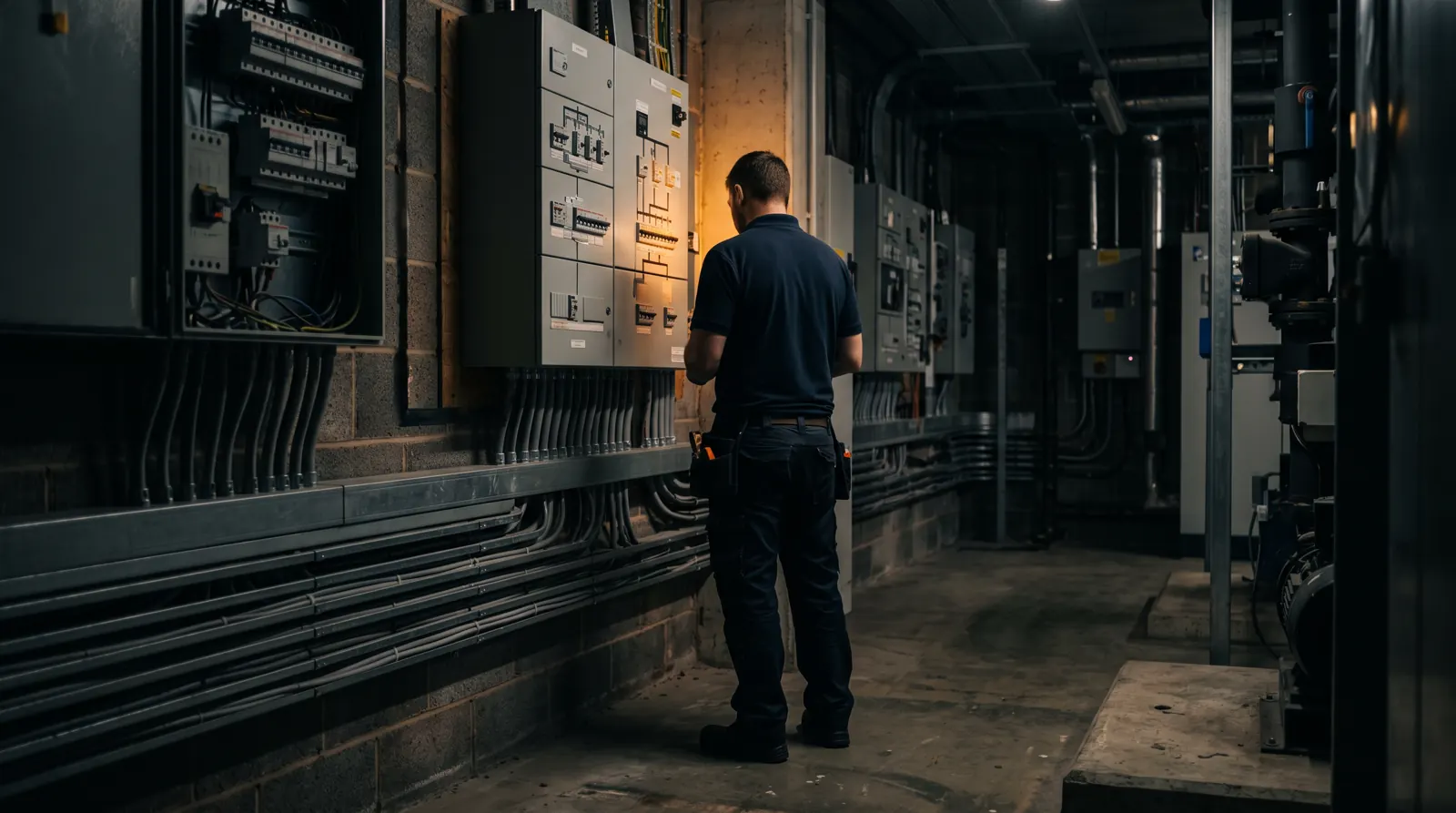 Three-phase distribution board in a commercial plant room