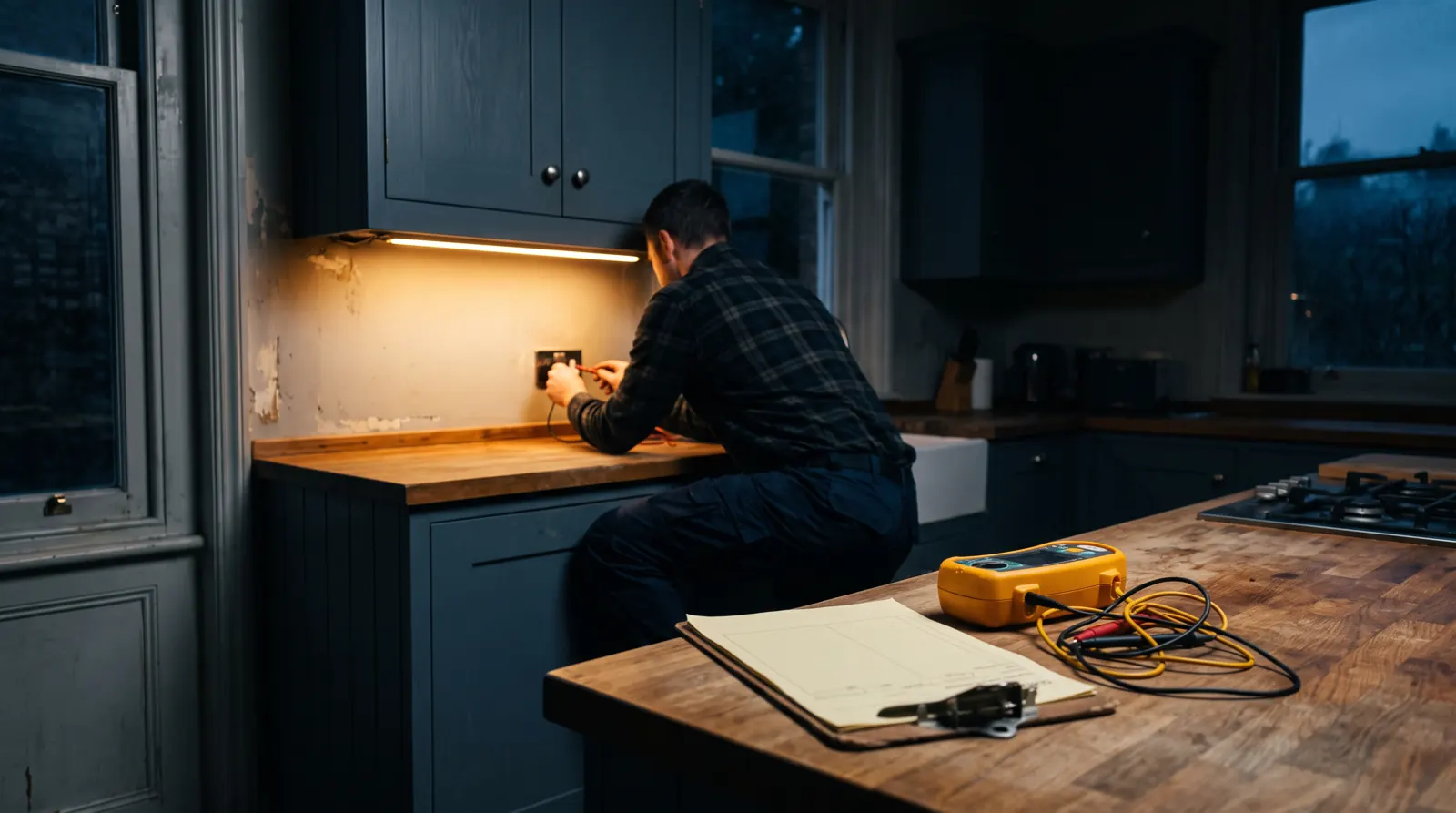Electrician carrying out inspection and testing in a kitchen
